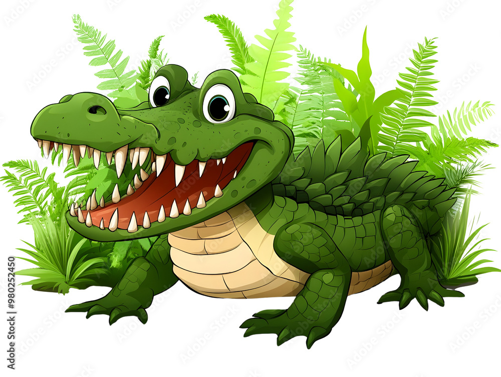 Obraz premium A playful cartoon crocodile surrounded by lush green ferns, showcasing big eyes and a friendly smile in a vibrant jungle setting.