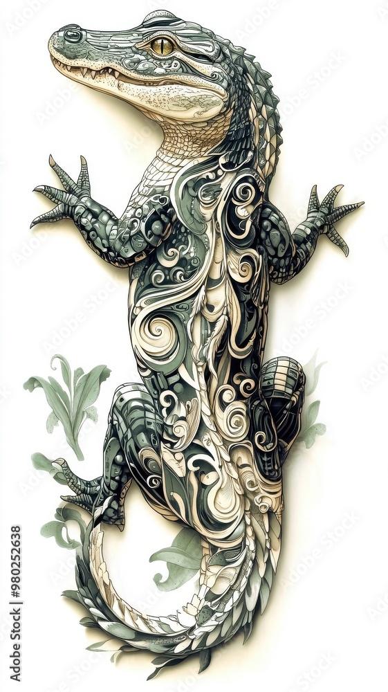 Fototapeta premium A crocodile rendered in Art Nouveau style, featuring ornate and flowing patterns.