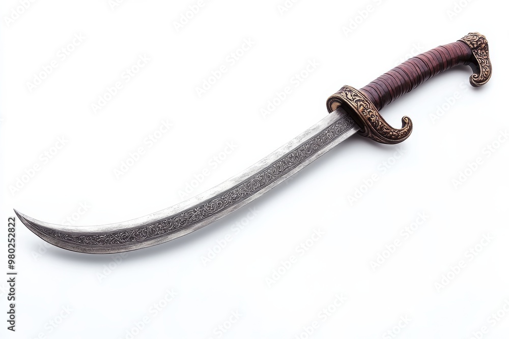 Obraz premium A pirate sword with a curved blade and ornate hilt, displayed on a white background, ideal for use in stock photos for weapons or costume accessories