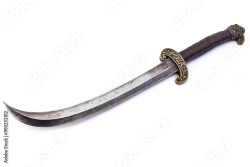 A pirate sword with a curved blade and ornate hilt, displayed on a white background, ideal for use in stock photos for weapons or costume accessories