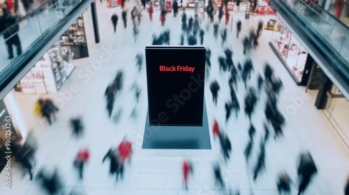 A large black advertising stand with a red sign saying black friday in the middle of a shopping mall surrounded by blurred people. photo