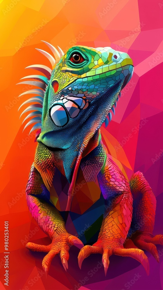 Obraz premium An iguana in a stylized 3D illustration, featuring modern geometric shapes and bright, vivid colors.