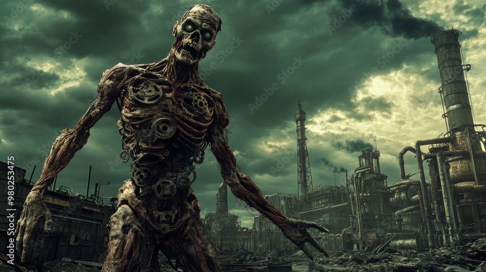 A steampunk zombie with gears and pipes integrated into decayed flesh, roaming an industrial wasteland under a dark sky, A steampunk zombie with gears and pipes integrated into decayed flesh, roaming an industrial wasteland under a dark sky,