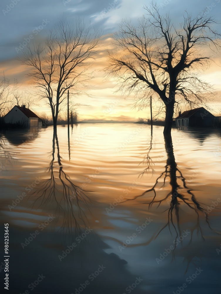 Tranquil landscape featuring silhouetted trees reflecting on the water during a sunset, creating a serene and picturesque scene. Tranquil landscape featuring silhouetted trees reflecting on the water during a sunset, creating a serene and picturesque scene.