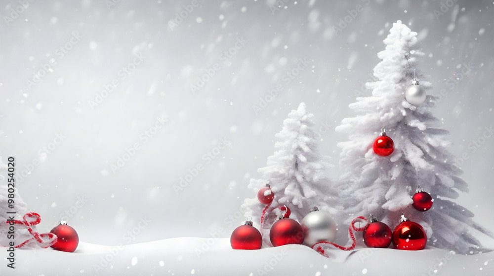 Red Christmas balls in a row with white trees covered with snow and snowfall on abstract background in winter. Horizontal composition. Red Christmas balls in a row with white trees covered with snow and snowfall on abstract background in winter. Horizontal composition.