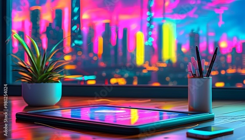 Futuristic digital art studio featuring an AI artist designing with a stylus against a vibrant neon city skyline backdrop photo