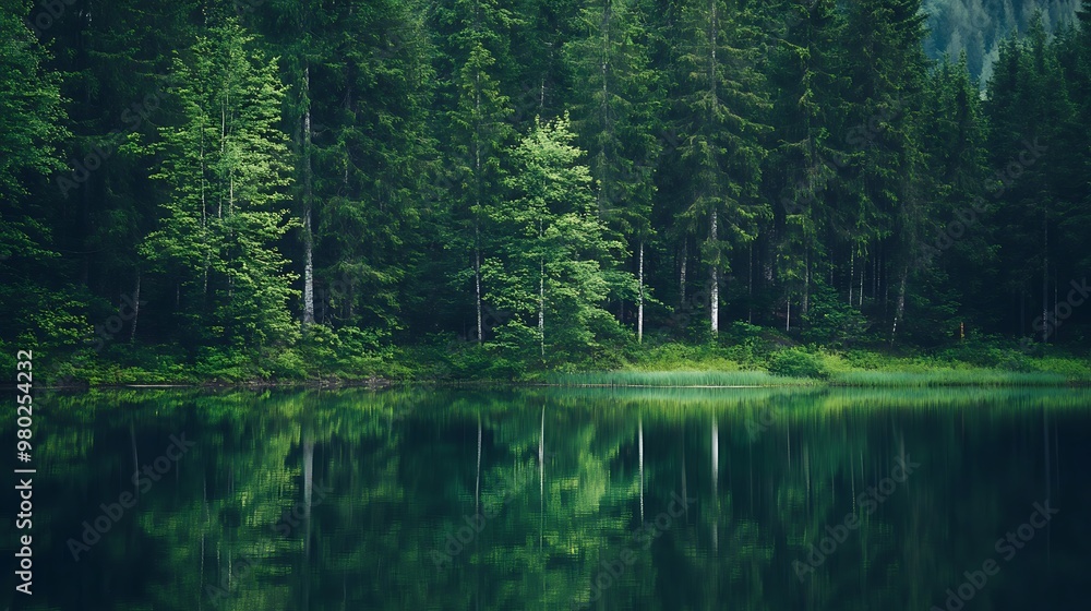 A serene lake reflecting the lush greenery of a dense forest. A serene lake reflecting the lush greenery of a dense forest.