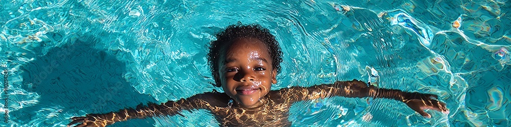 Summer vacation swimming by a black child in a clear resort pool. Summer vacation swimming by a black child in a clear resort pool.