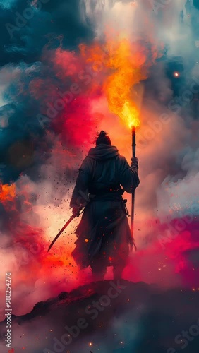 ronin warrior holding fiery torch with billowing  smoke Seamless looping 4k time-lapse virtual video animation background