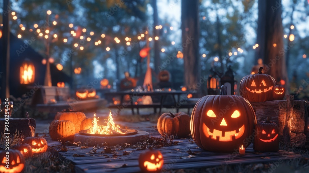 A vibrant autumn gathering showcases intricately carved glowing pumpkins around a warm fire. String lights illuminate the forest, creating a festive atmosphere perfect for Halloween celebrations. A vibrant autumn gathering showcases intricately carved glowing pumpkins around a warm fire. String lights illuminate the forest, creating a festive atmosphere perfect for Halloween celebrations.