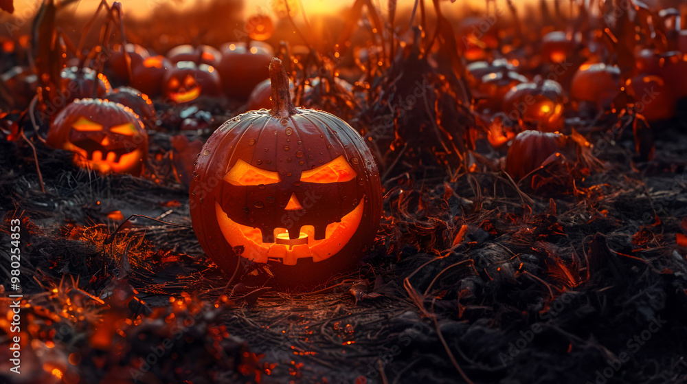 Shining carved Halloween pumpkins lying on the harvested field in autumn at night. Concept of Halloween celebration, Trick or Treat and season. Shining carved Halloween pumpkins lying on the harvested field in autumn at night. Concept of Halloween celebration, Trick or Treat and season.