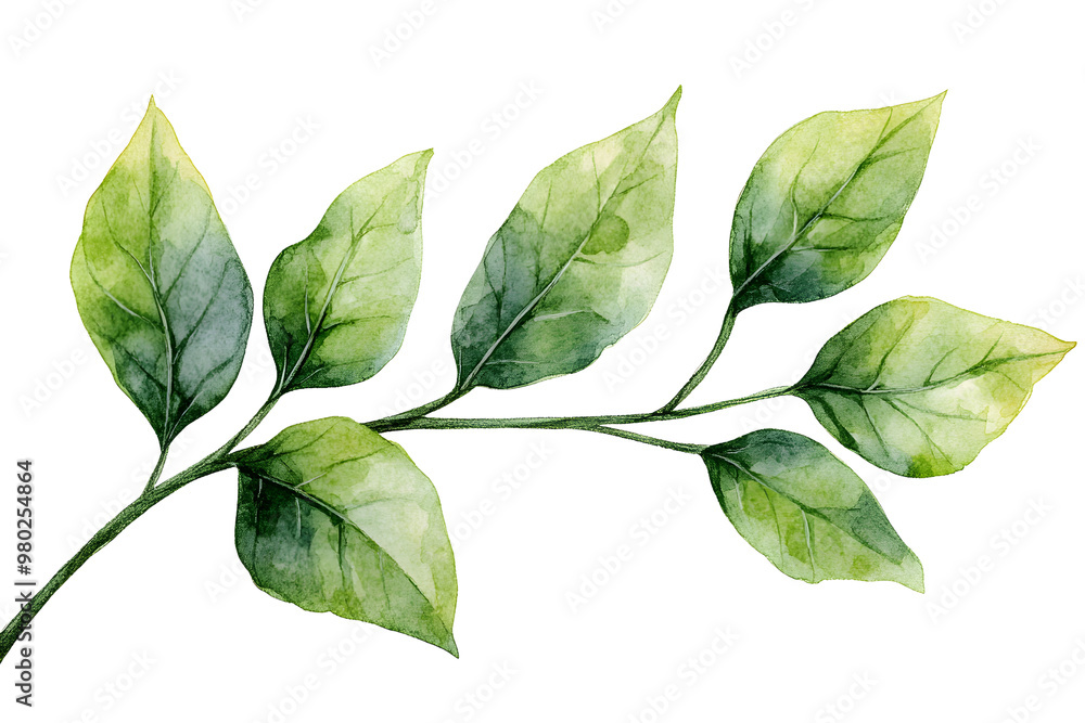 A vibrant green leaf branch showcasing beautiful watercolor details, perfect for nature-themed designs and illustrations. A vibrant green leaf branch showcasing beautiful watercolor details, perfect for nature-themed designs and illustrations.