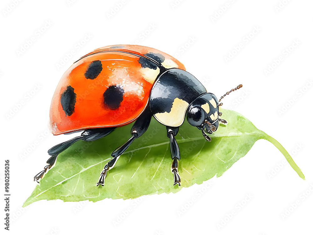 A vibrant ladybug resting on a green leaf, showcasing its distinctive red shell with black spots. Perfect for nature lovers. A vibrant ladybug resting on a green leaf, showcasing its distinctive red shell with black spots. Perfect for nature lovers.