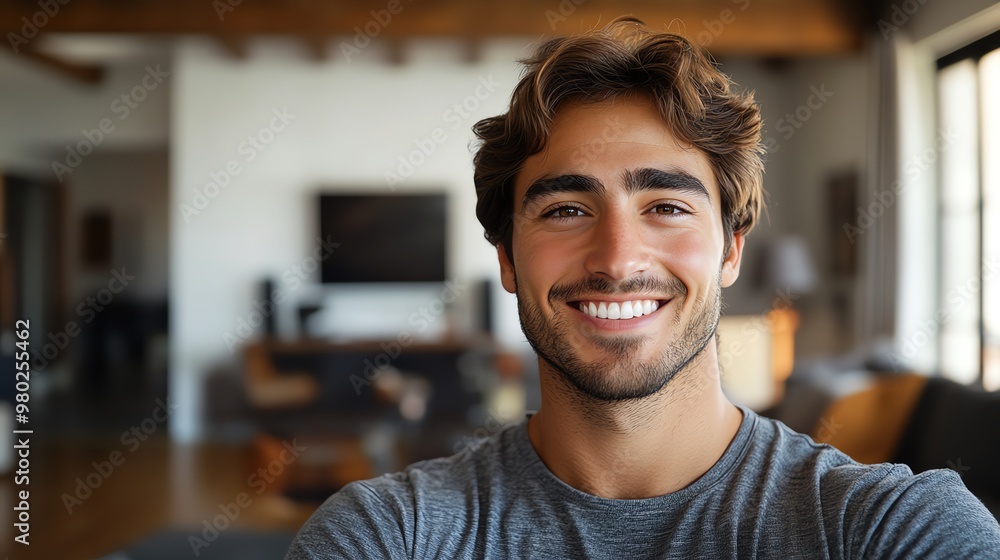 Portrait of a smiling young man in a living room. Portrait of a smiling young man in a living room.