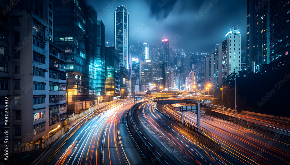 A bustling city at night, with skyscrapers illuminated and traffic creating streaks of light A bustling city at night, with skyscrapers illuminated and traffic creating streaks of light