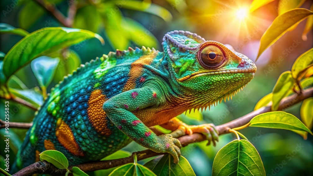 Obraz premium Vibrant chameleon blends seamlessly into lush foliage, its color-changing skin mirroring the emerald hues of surrounding leaves as it lounges peacefully on a sun-dappled branch.