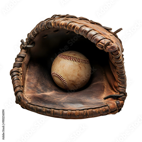 A worn leather baseball glove cradling a classic baseball, showcasing the timeless sport of baseball. photo