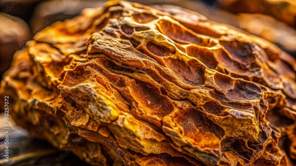 Macro shot of a rugged, earthy brown rock with a mesmerizing golden undertone, showcasing its intricate textures and patterns, perfect for nature-inspired backgrounds and wallpapers. Macro shot of a rugged, earthy brown rock with a mesmerizing golden undertone, showcasing its intricate textures and patterns, perfect for nature-inspired backgrounds and wallpapers.