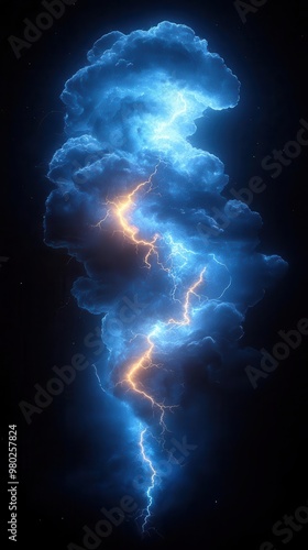 dramatic lightning bolt fracturing a pitchblack sky electric tendrils branch out in mesmerizing patterns illuminating storm clouds with an otherworldly blue glow