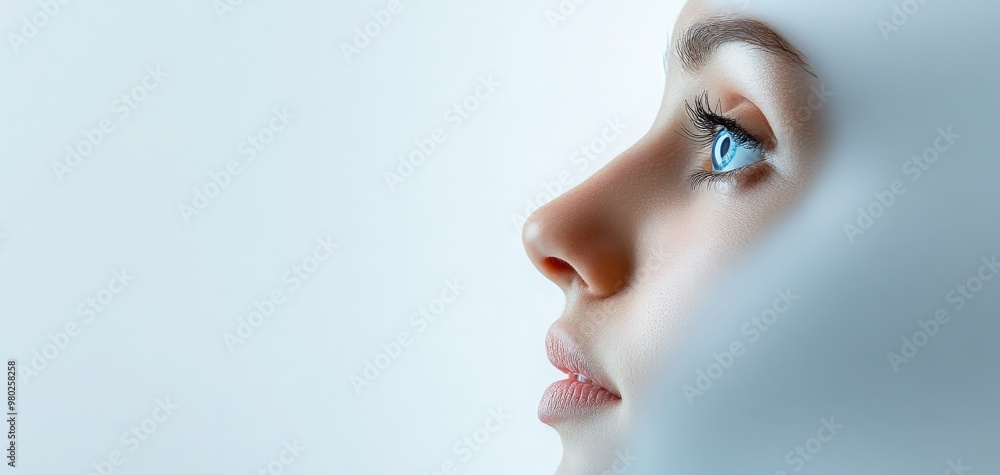 Close-up profile of a woman's face, highlighting striking blue eyes and soft features against a minimalistic background. Close-up profile of a woman's face, highlighting striking blue eyes and soft features against a minimalistic background.