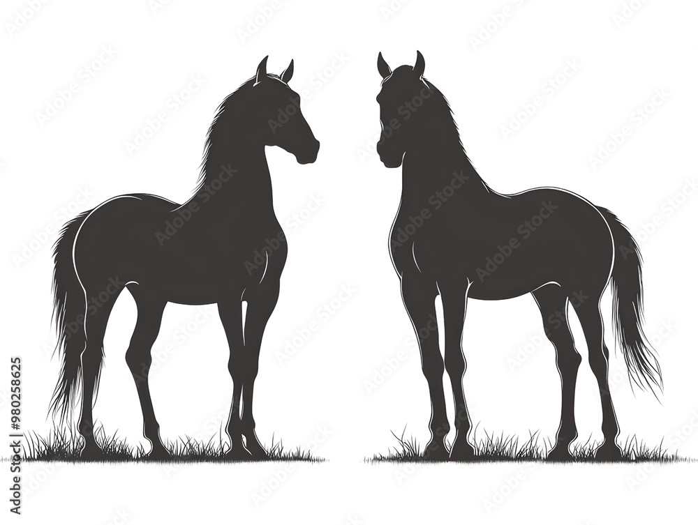 Stylized silhouette of two horses in profile view, perfect for artistic designs or equestrian themes. Stylized silhouette of two horses in profile view, perfect for artistic designs or equestrian themes.
