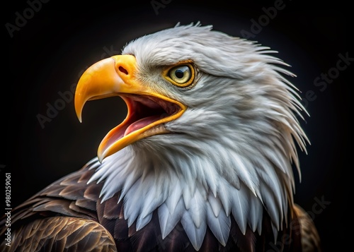 Majestic bald eagle portrait with open beak against a dark background, showcasing fierce beauty and strength of this iconic bird of prey with piercing gaze.