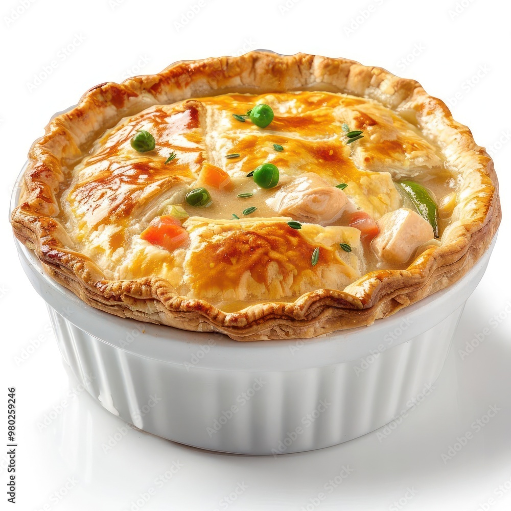 Vibrant, delicious-looking pot pie in a white dish with vegetable toppings, garnished with parsley. Vibrant, delicious-looking pot pie in a white dish with vegetable toppings, garnished with parsley.