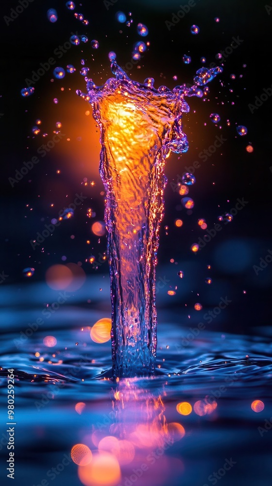 dramatic water splash frozen in time illuminated by vibrant neon lights ...