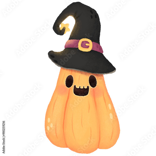 Yellow Halloween pumpkin wearing witch hat