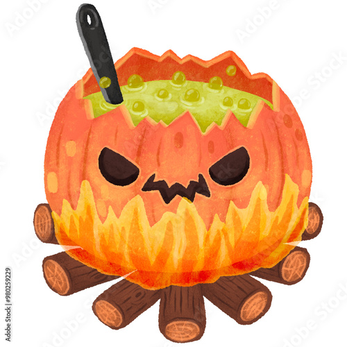 Halloween pumpkin witch cauldron is boiling