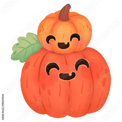 A cartoon pumpkin with two smaller pumpkins on top of it
