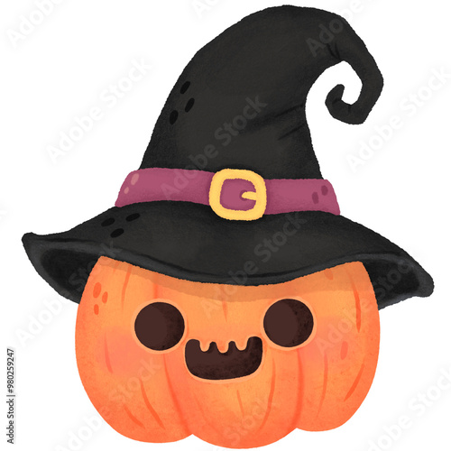 Orange Halloween pumpkin wearing witch hat