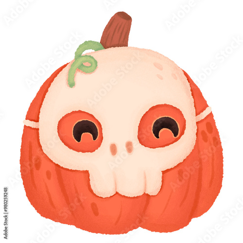 Orange pumpkin is wearing skull mask.