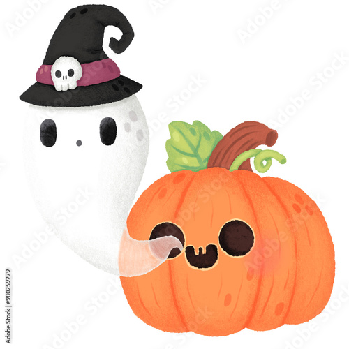 A ghost and a pumpkin are shown in a Halloween themed drawing