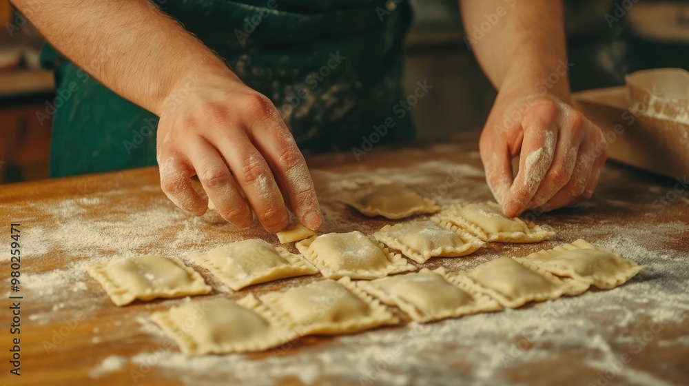 A close-up of hands preparing fresh ravioli on a wooden surface, showcasing the art of traditional pasta making. A close-up of hands preparing fresh ravioli on a wooden surface, showcasing the art of traditional pasta making.