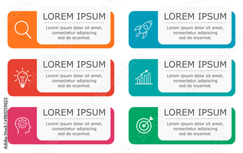 Business infographic Vector with 6 steps. Used for presentation,information,education,connection,marketing, project,strategy,technology,learn,brainstorm,creative,growth,abstract,stairs,idea,text,work.