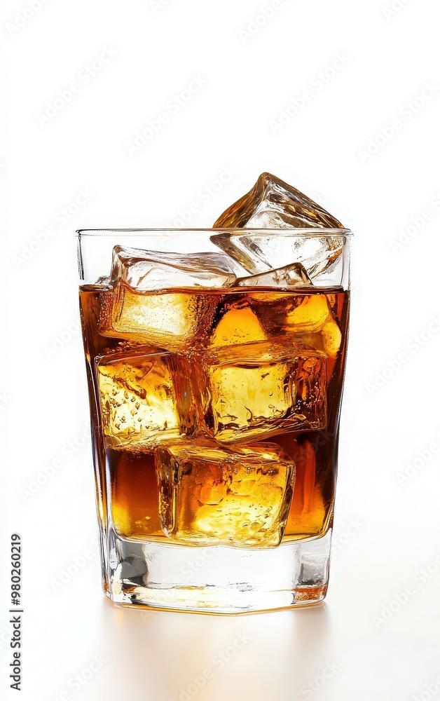 A refreshing glass of whiskey with ice cubes, elegantly displayed on a white background, perfect for beverage advertising. A refreshing glass of whiskey with ice cubes, elegantly displayed on a white background, perfect for beverage advertising.