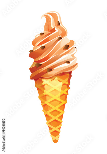 Ice cream cone soft serve with chocolate chips topping. Vector cartoon illustration