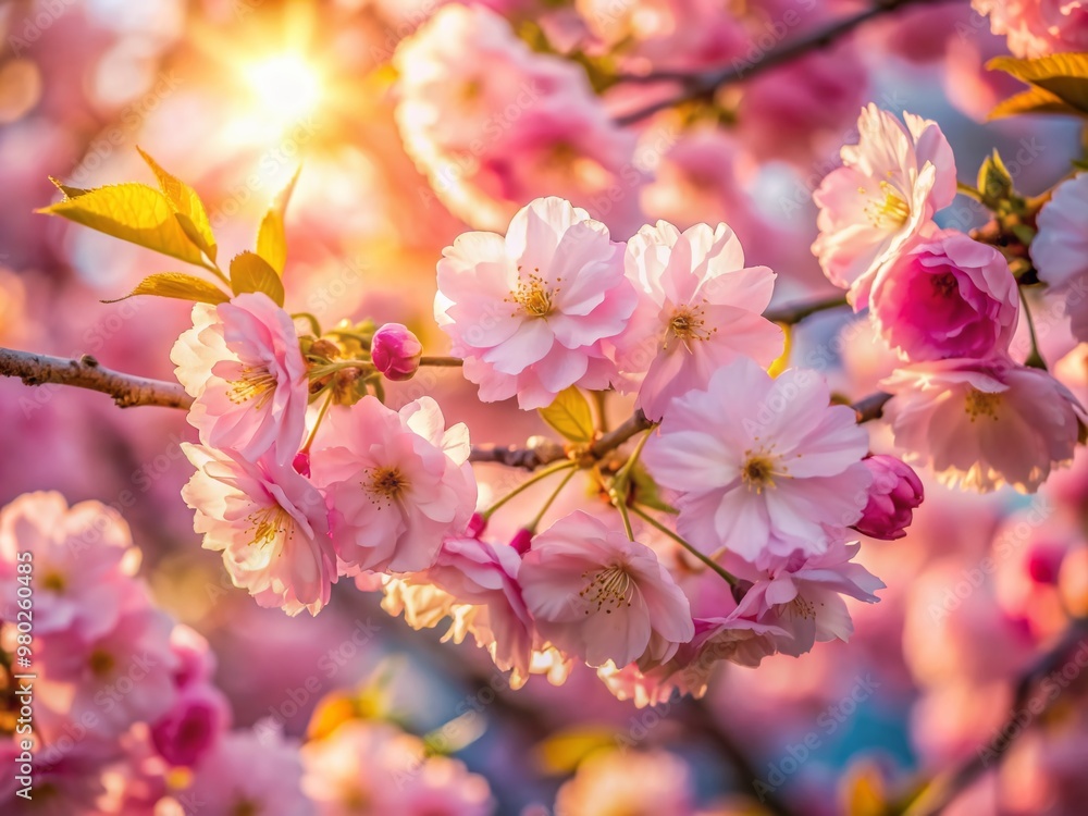 Obraz premium Delicate pink petals of a cherry blossom tree radiate gentle beauty, illuminated by warm soft sunlight, showcasing intricate details in a serene natural close-up scene.