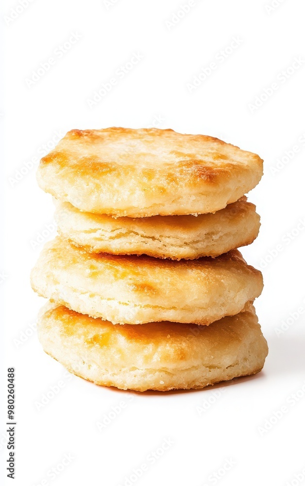 A stack of delicious, golden brown biscuits on a white background, perfect for breakfast or as a side dish. A stack of delicious, golden brown biscuits on a white background, perfect for breakfast or as a side dish.