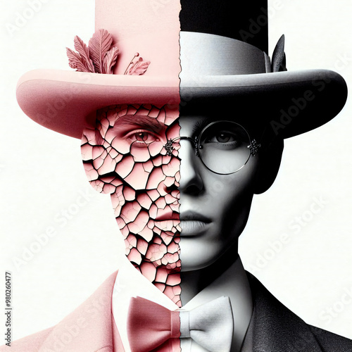 dissoziative Identitätsstörung. Portrait eines männlichen Kopfes mit Brille und Hut. Eine Gesichtshälfte ist normal, die anders ist künstlerisch gestaltet.