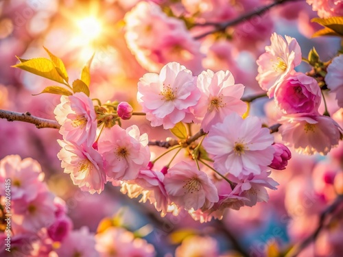 Delicate pink petals of a cherry blossom tree radiate gentle beauty, illuminated by warm soft sunlight, showcasing intricate details in a serene natural close-up scene.