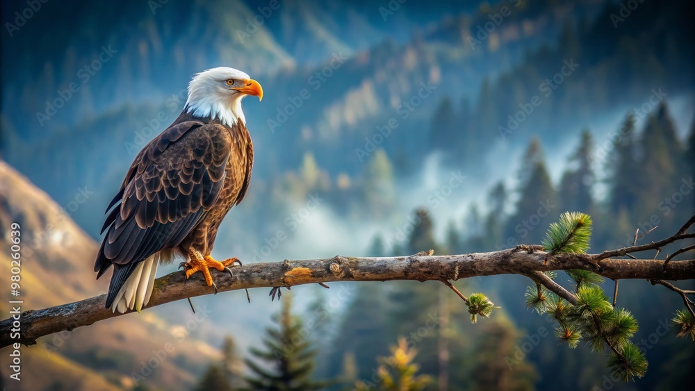 A bald eagle perched on a tree branch, surveying the landscape below. List of Art Media Minimalist realistic A bald eagle perched on a tree branch, surveying the landscape below. List of Art Media Minimalist realistic
