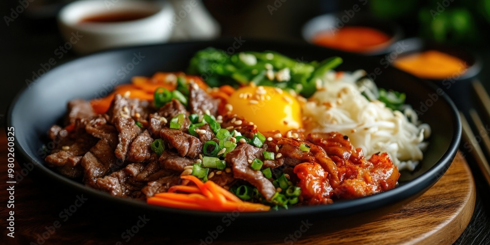 A vibrant bowl of beef with vegetables, egg, and sauces, showcasing the rich flavors of a delicious Asian cuisine. A vibrant bowl of beef with vegetables, egg, and sauces, showcasing the rich flavors of a delicious Asian cuisine.