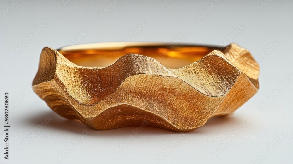 A textured golden bracelet with wavy design elements. A textured golden bracelet with wavy design elements.