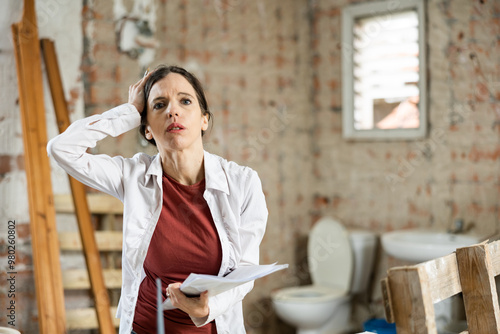 Картината върху платно Upset confused inexperienced female designer standing with papers in apartment d