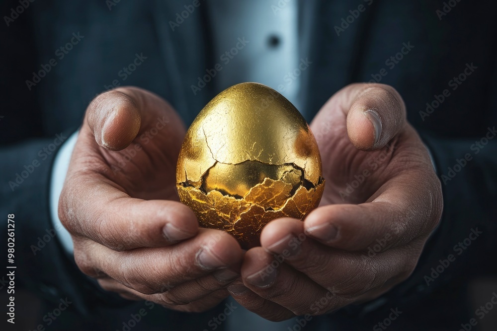 Hands Of Business Man Holding Cracked Golden Nest Egg - Investment Maturity Concept with generative ai Hands Of Business Man Holding Cracked Golden Nest Egg - Investment Maturity Concept with generative ai