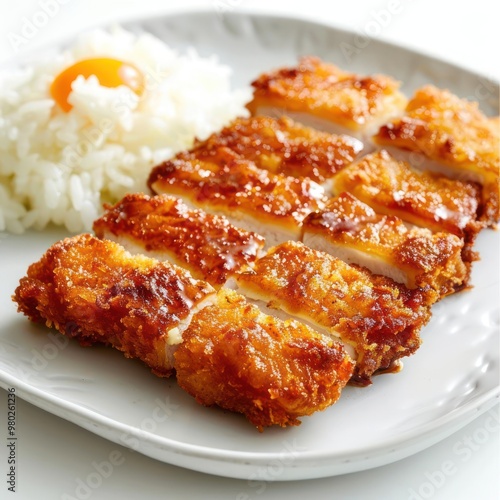 A plate of fried chicken next to some rice and a soft boiled egg. photo