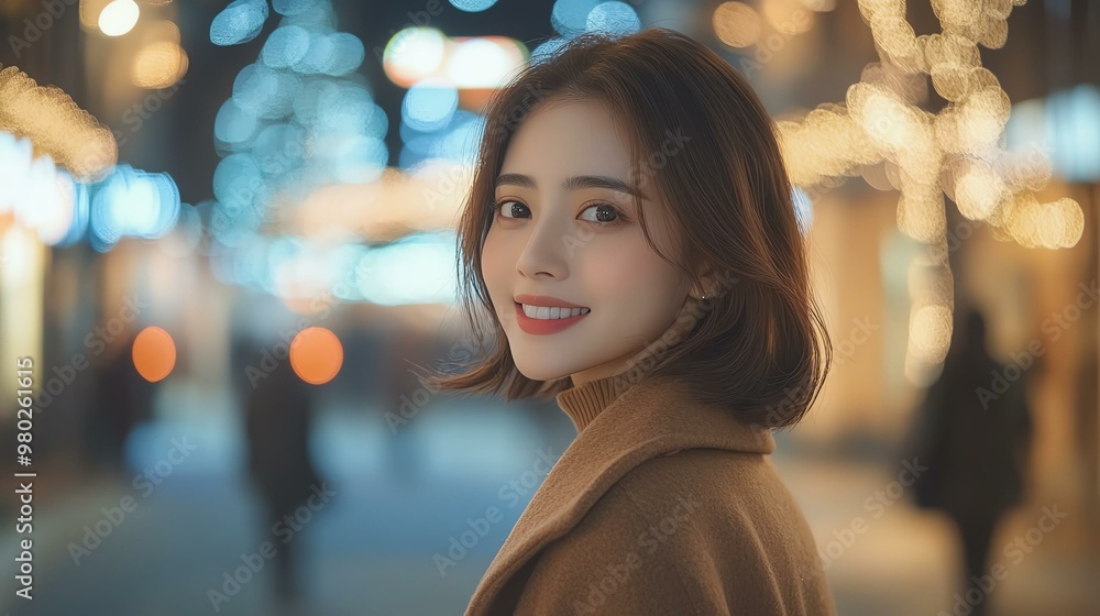 Obraz premium A smiling woman in a cozy coat, illuminated by city lights, creates a warm atmosphere. Perfect for lifestyle and travel themes.