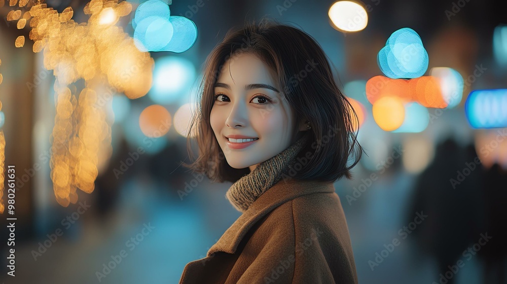 A smiling woman in a cozy sweater stands against a vibrant, illuminated background, capturing a warm, festive atmosphere. A smiling woman in a cozy sweater stands against a vibrant, illuminated background, capturing a warm, festive atmosphere.